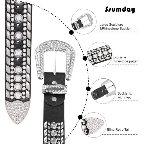 Leather Belt Men Women Rhinestone Studded 1.5 Intuitive Buckle for Casual Dress